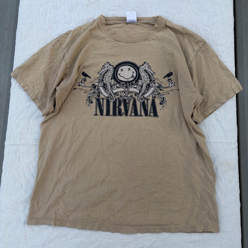 Vintage Y2K 2007 Nirvana Tan Graphic Distressed Band T‑Shirt, Streetwear Grunge